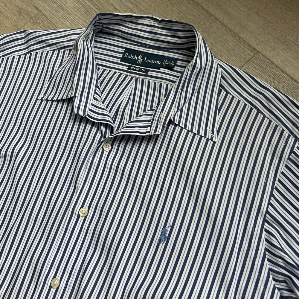 VTG Polo Ralph Lauren Large Classic Fit Navy/Baby Blue Vertical Striped